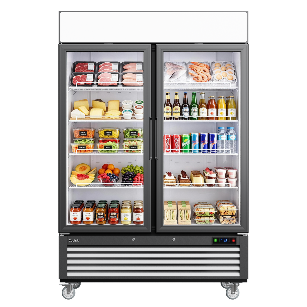 Coolski Commercial 54 W’’ Commercial Display Refrigerator, 49 Cu. Ft Glass Door Cooler, Upright Merchandiser Drink Fridge for Bar, Restaurant, shop, Customizable Top Light Box, Auto Defrost