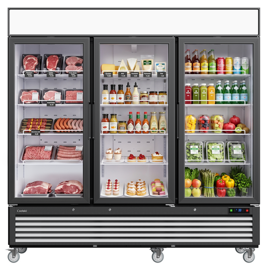 Coolski Commercial 82 W’’ Commercial Display Refrigerator, 72 Cu. Ft Glass Door Cooler, Upright Merchandiser Drink Fridge for Bar, Restaurant, shop, Customizable Top Light Box, Auto Defrost
