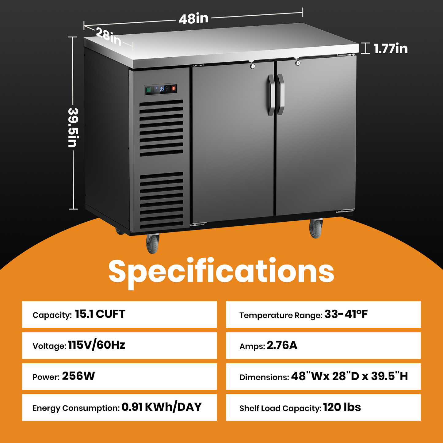 Coolski 48 in. W 15.1 cu. ft. Commercial Solid Door Under Back Bar Cooler Refrigerator in Black Stainless Steel