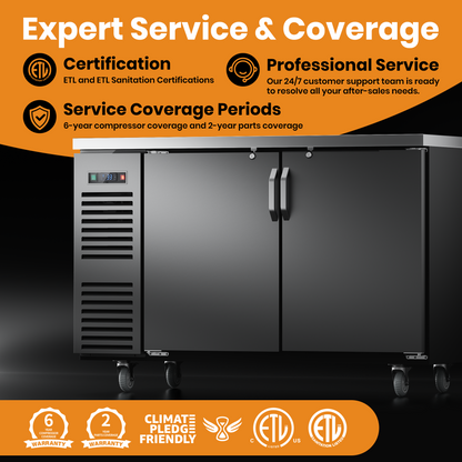 Coolski 60 in. W 20.5 cu. ft. Commercial Solid Door Under Back Bar Cooler Refrigerator in Black Stainless Steel
