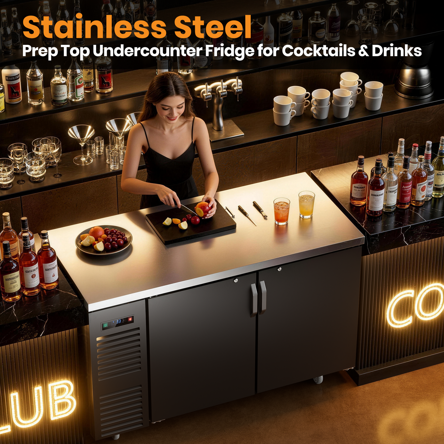 Coolski 60 in. W 20.5 cu. ft. Commercial Solid Door Under Back Bar Cooler Refrigerator in Black Stainless Steel