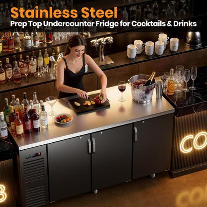 Coolski 72 in. W 25.6 cu. ft. Commercial Solid Door Under Back Bar Cooler Refrigerator in Black Stainless Steel