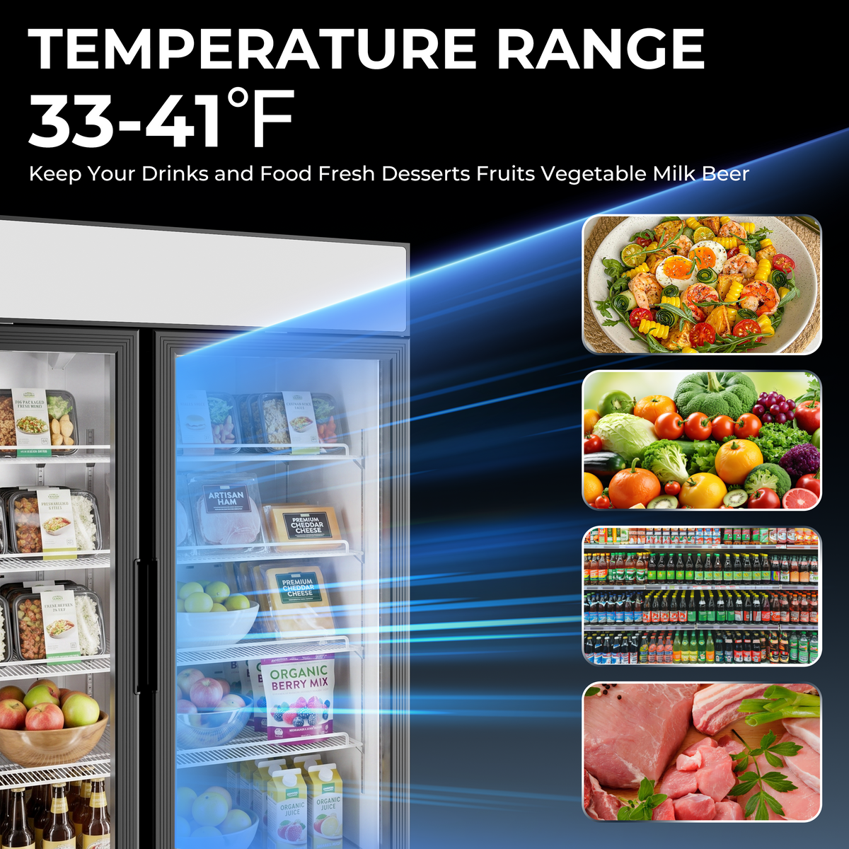 Coolski Commercial 82 W’’ Commercial Display Refrigerator, 72 Cu. Ft Glass Door Cooler, Upright Merchandiser Drink Fridge for Bar, Restaurant, shop, Customizable Top Light Box, Auto Defrost