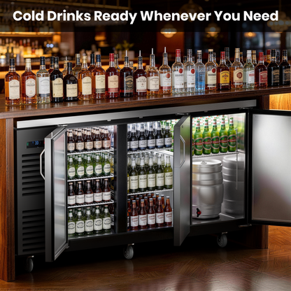Coolski 72 in. W 25.6 cu. ft. Commercial Solid Door Under Back Bar Cooler Refrigerator in Black Stainless Steel