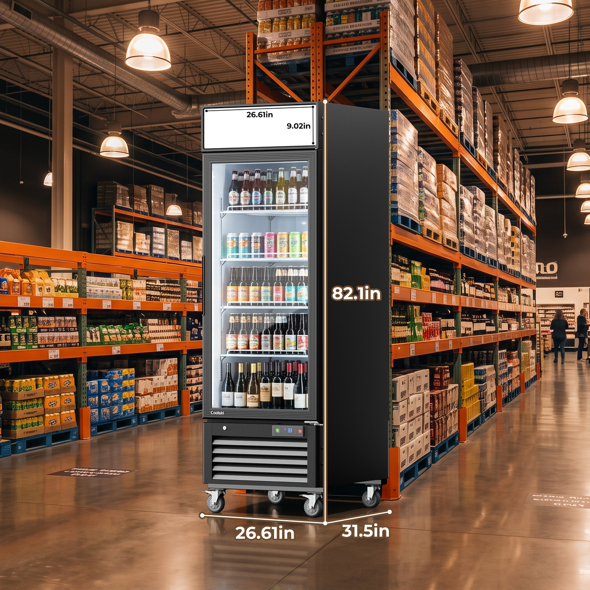 Coolski Commercial 27 W’’ Commercial Display Refrigerator, 19.42 Cu. Ft Glass Door Cooler, Upright Merchandiser Drink Fridge for Bar, Restaurant, shop, Customizable Top Light Box, Auto Defrost
