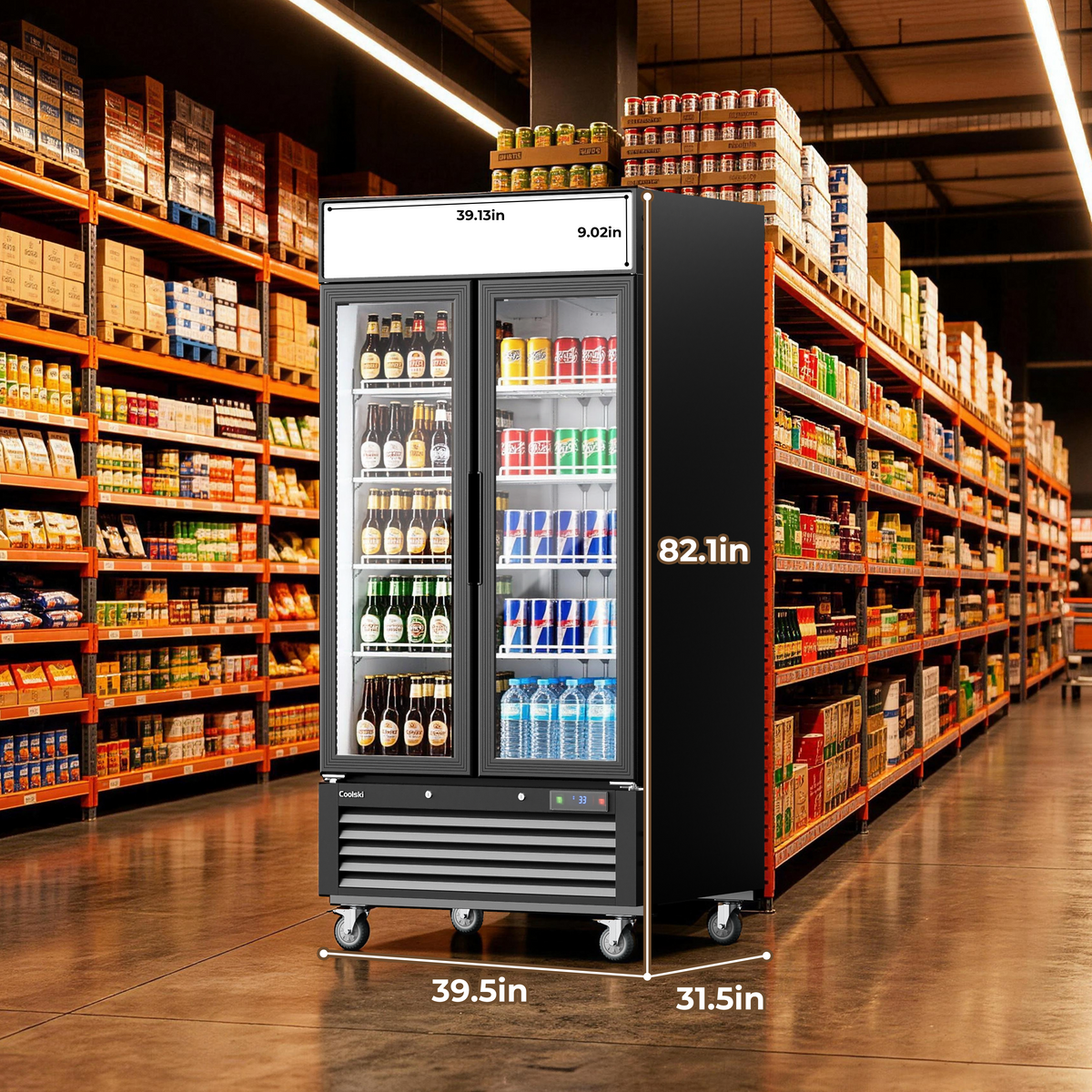 Coolski Commercial 40 W’’ Commercial Display Refrigerator, 35 Cu. Ft Glass Door Cooler, Upright Merchandiser Drink Fridge for Bar, Restaurant, shop, Customizable Top Light Box, Auto Defrost