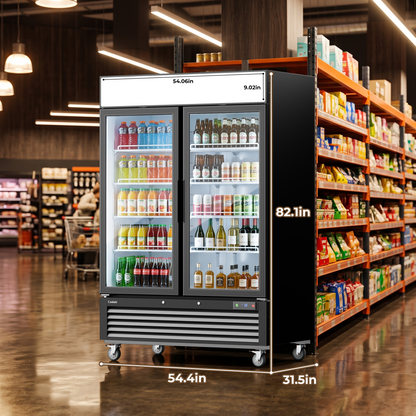Coolski Commercial 54 W’’ Commercial Display Refrigerator, 49 Cu. Ft Glass Door Cooler, Upright Merchandiser Drink Fridge for Bar, Restaurant, shop, Customizable Top Light Box, Auto Defrost