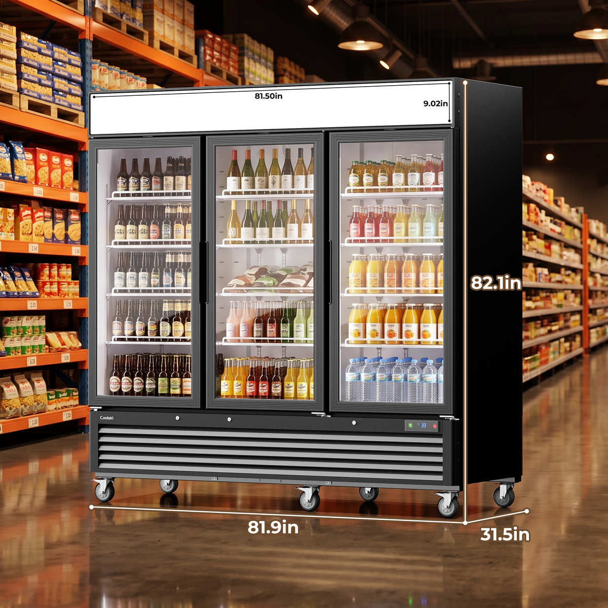 Coolski Commercial 82 W’’ Commercial Display Refrigerator, 72 Cu. Ft Glass Door Cooler, Upright Merchandiser Drink Fridge for Bar, Restaurant, shop, Customizable Top Light Box, Auto Defrost