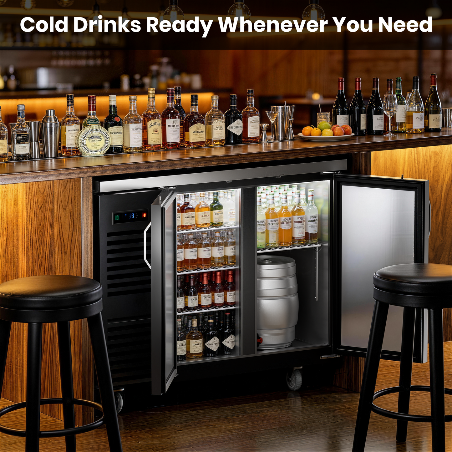 Coolski 48 in. W 15.1 cu. ft. Commercial Solid Door Under Back Bar Cooler Refrigerator in Black Stainless Steel