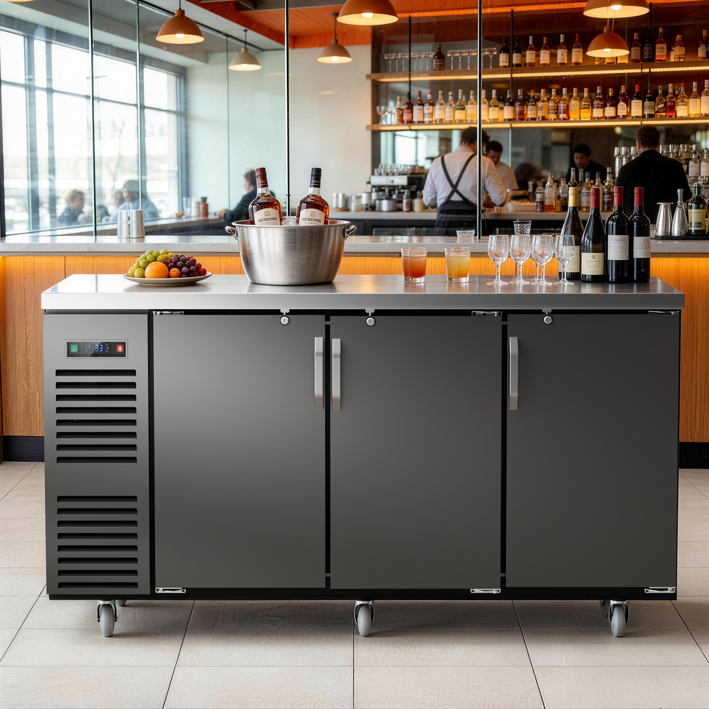 Coolski 72 in. W 25.6 cu. ft. Commercial Solid Door Under Back Bar Cooler Refrigerator in Black Stainless Steel