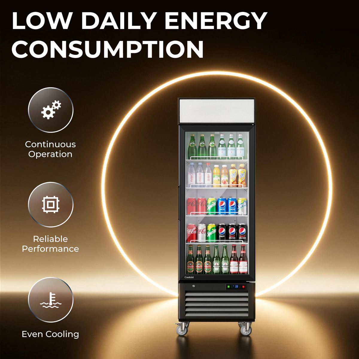 Coolski Commercial 27 W’’ Commercial Display Refrigerator, 19.42 Cu. Ft Glass Door Cooler, Upright Merchandiser Drink Fridge for Bar, Restaurant, shop, Customizable Top Light Box, Auto Defrost