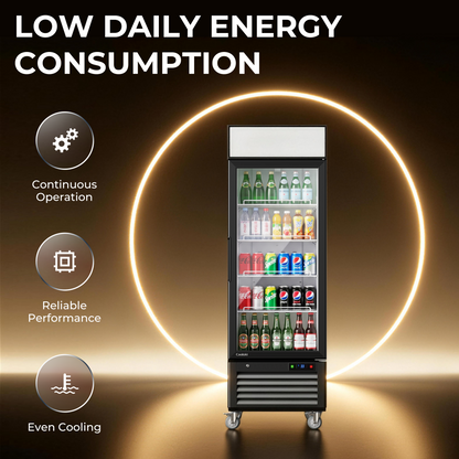 Coolski Commercial 27 W’’ Commercial Display Refrigerator, 19.42 Cu. Ft Glass Door Cooler, Upright Merchandiser Drink Fridge for Bar, Restaurant, shop, Customizable Top Light Box, Auto Defrost