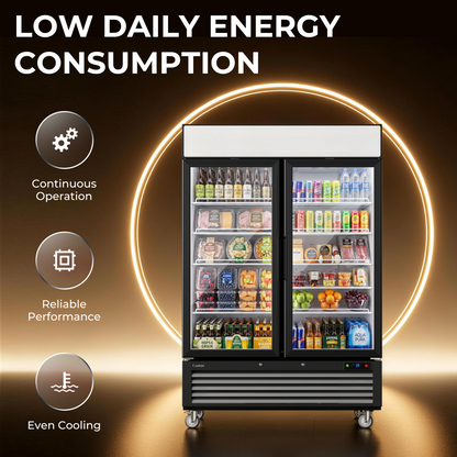 Coolski Commercial 54 W’’ Commercial Display Refrigerator, 49 Cu. Ft Glass Door Cooler, Upright Merchandiser Drink Fridge for Bar, Restaurant, shop, Customizable Top Light Box, Auto Defrost