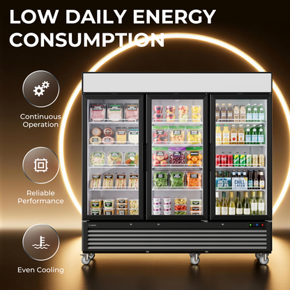 Coolski Commercial 82 W’’ Commercial Display Refrigerator, 72 Cu. Ft Glass Door Cooler, Upright Merchandiser Drink Fridge for Bar, Restaurant, shop, Customizable Top Light Box, Auto Defrost