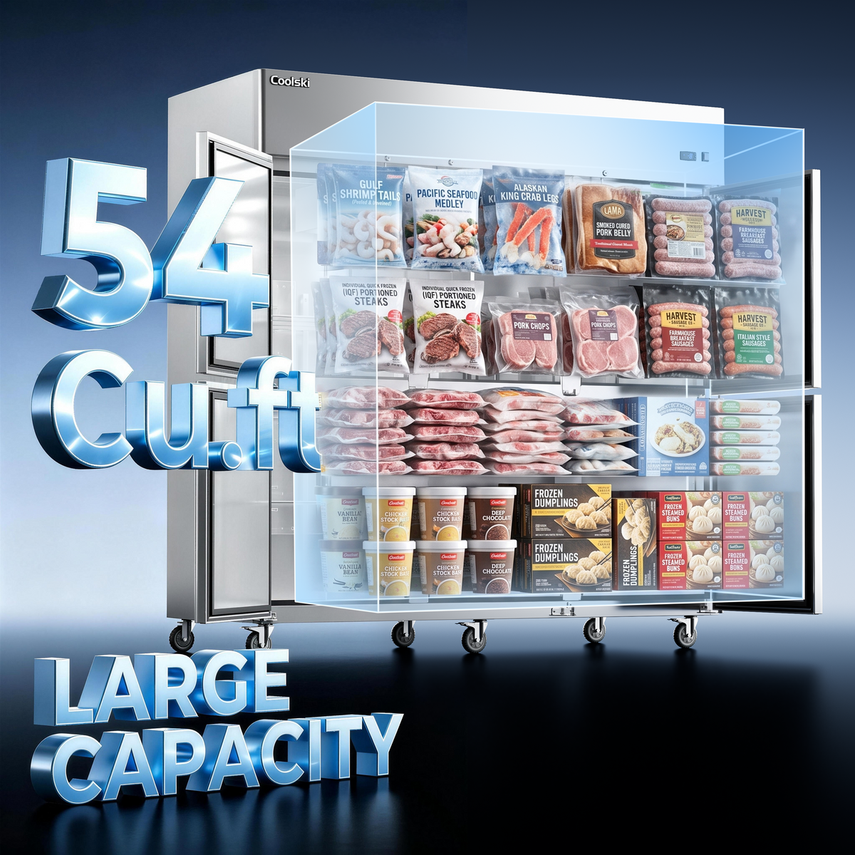 Coolski Commercial 6 Half Door Reach-In Freezer, 54 Cu.ft Solid Door Upright Freezer, 72" W Stainless Steel Industrial Freezer with 9 Adjustable Shelves, Auto-Defrost, Fan Cooling -8-0℉