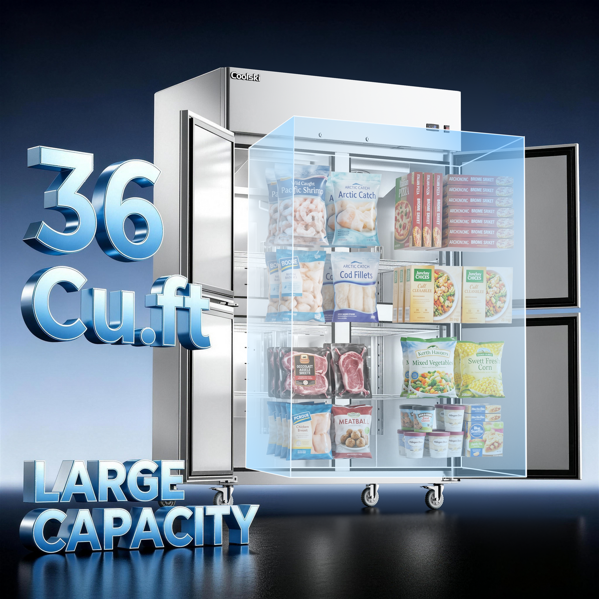 Coolski Commercial 4 Half Door Reach-In Freezer, 36 Cu.ft Solid Door Upright Freezer, 48" W Stainless Steel Industrial Freezer with 6 Adjustable Shelves, Auto-Defrost, Fan Cooling
