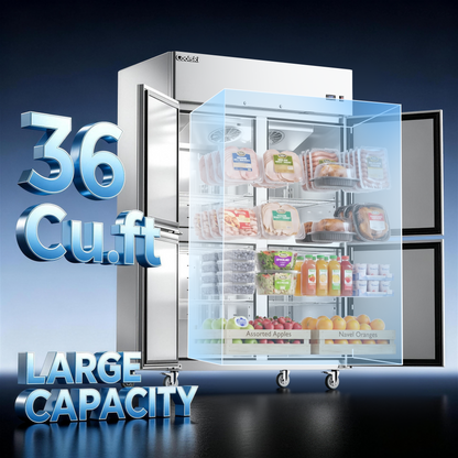 Coolski Commercial 4 Half Door Reach-In Refrigerator, 36 Cu.ft Solid Door Upright Fridge, 48" W Stainless Steel Industrial Cooler with 6 Adjustable Shelves, Auto-Defrost, Fan Cooling