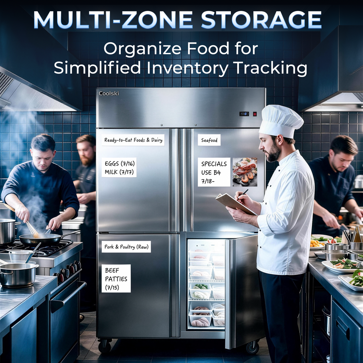 Coolski Commercial 4 Half Door Reach-In Freezer, 36 Cu.ft Solid Door Upright Freezer, 48" W Stainless Steel Industrial Freezer with 6 Adjustable Shelves, Auto-Defrost, Fan Cooling