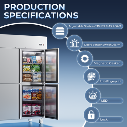 Coolski Commercial 4 Half Door Reach-In Freezer, 36 Cu.ft Solid Door Upright Freezer, 48" W Stainless Steel Industrial Freezer with 6 Adjustable Shelves, Auto-Defrost, Fan Cooling