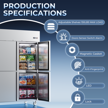 Coolski Commercial 6 Half Door Reach-In Refrigerator, 54 Cu.ft Solid Door Upright Fridge, 72" W Stainless Steel Industrial Cooler with 9 Adjustable Shelves, Auto-Defrost, Fan Cooling