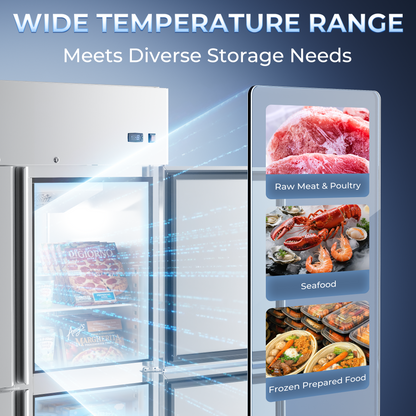 Coolski Commercial 4 Half Door Reach-In Freezer, 36 Cu.ft Solid Door Upright Freezer, 48" W Stainless Steel Industrial Freezer with 6 Adjustable Shelves, Auto-Defrost, Fan Cooling