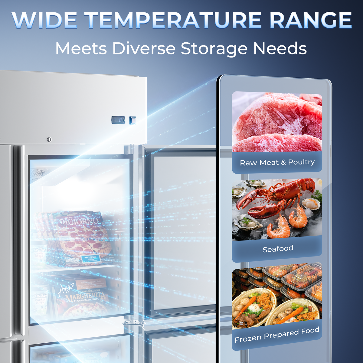 Coolski Commercial 6 Half Door Reach-In Freezer, 54 Cu.ft Solid Door Upright Freezer, 72" W Stainless Steel Industrial Freezer with 9 Adjustable Shelves, Auto-Defrost, Fan Cooling -8-0℉