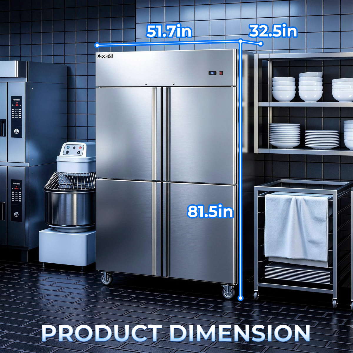 Coolski Commercial 4 Half Door Reach-In Refrigerator, 36 Cu.ft Solid Door Upright Fridge, 48" W Stainless Steel Industrial Cooler with 6 Adjustable Shelves, Auto-Defrost, Fan Cooling