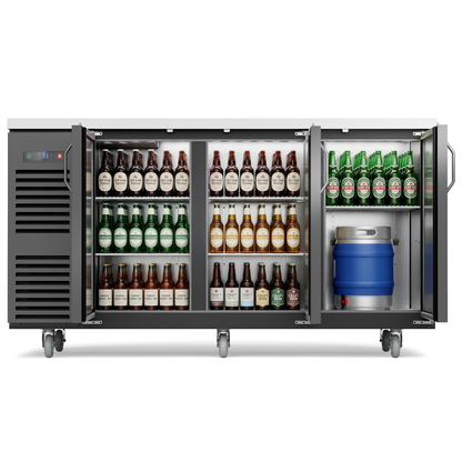 Coolski 72 in. W 25.6 cu. ft. Commercial Solid Door Under Back Bar Cooler Refrigerator in Black Stainless Steel