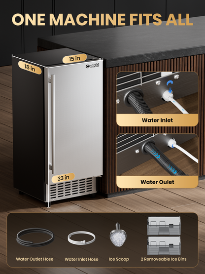 Coolski 15 in. 100lbs/24H Commercial Nugget Ice Maker in Black, Bulit-in/Freestanding, Auto-Cleaning