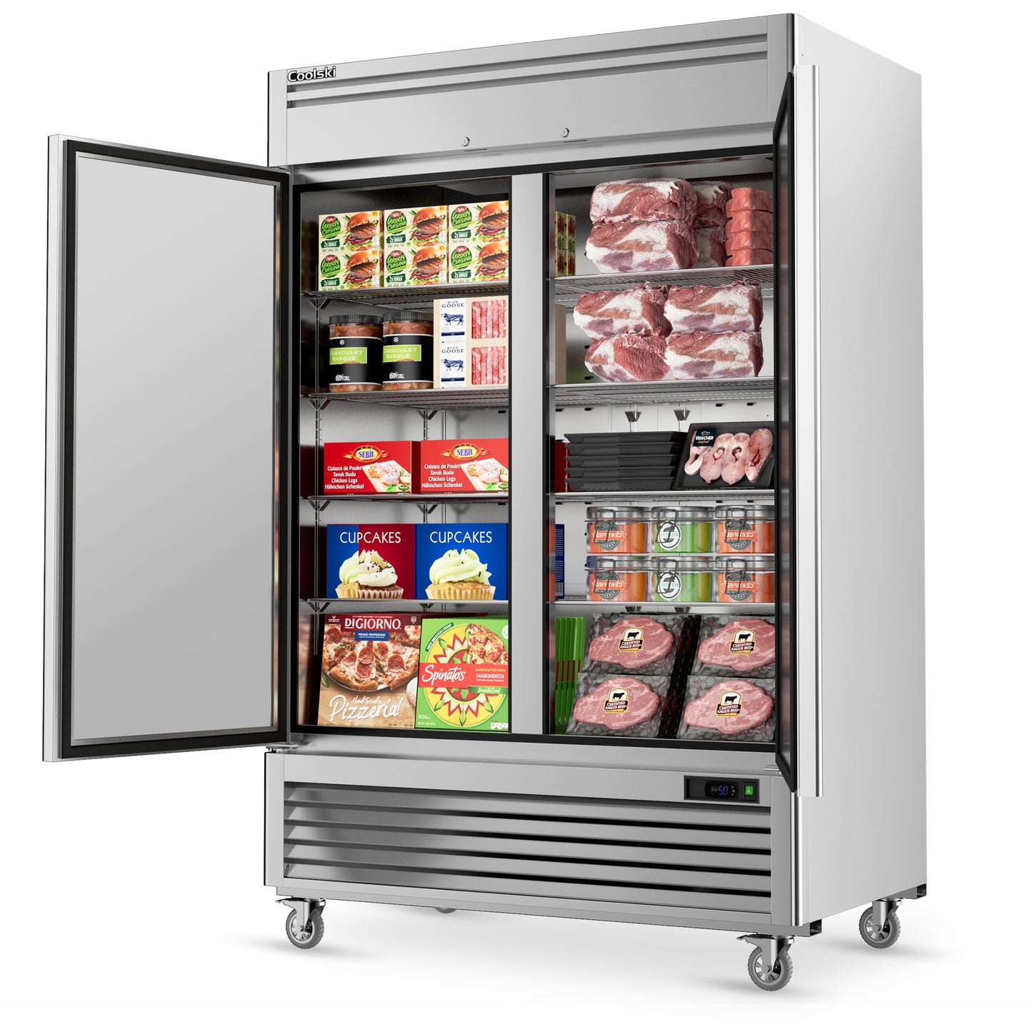 Coolski 54" W Commercial Freezer, 49 Cu.ft Double Solid Door Stainless Steel Reach-in Freezer