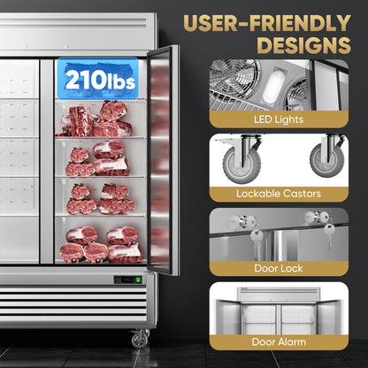 Coolski 54" W Commercial Freezer, 49 Cu.ft Double Solid Door Stainless Steel Reach-in Freezer