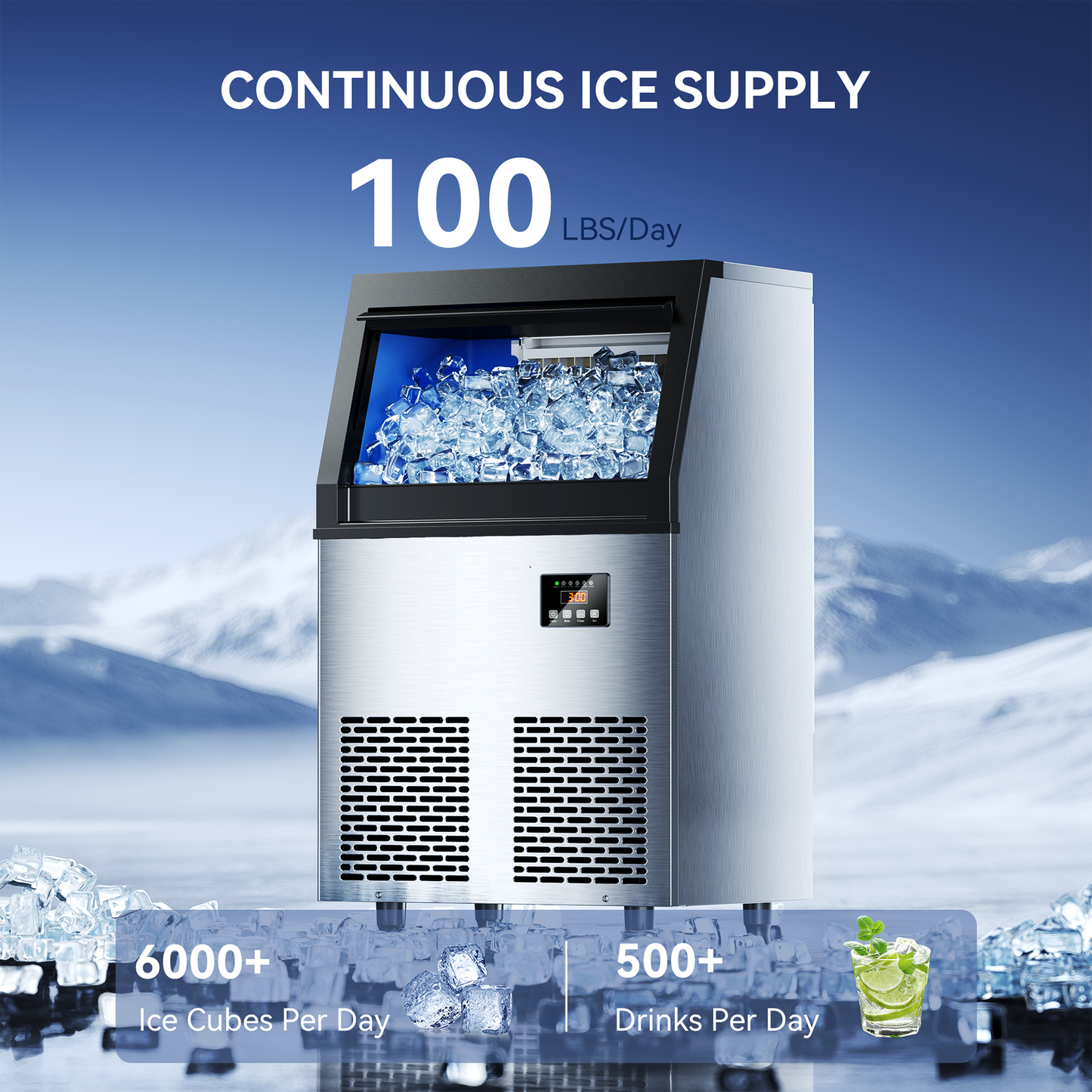 Coolski Commercial Ice Maker Machine, 100lbs/24H Ice Machine, 34lbs Storage