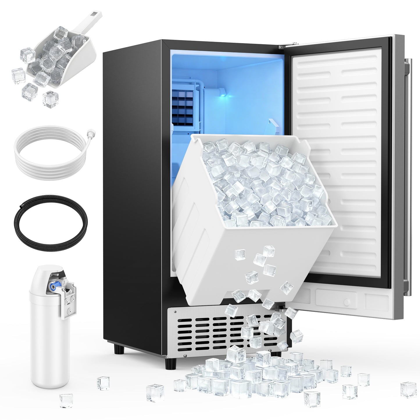 Coolski 15’’W Under Counter Ice Maker, Commercial Ice Machine 80 LBS/Day with 25 LBS Storage