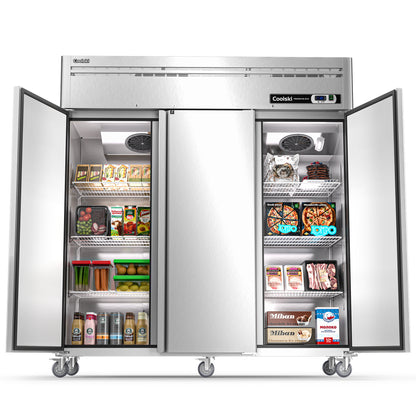 Coolski 72.8 in. 54 cu. ft. Auto / Cycle Defrost Commercial Freezer Reach in 3 Door Upright Freezer in Stainless Steel