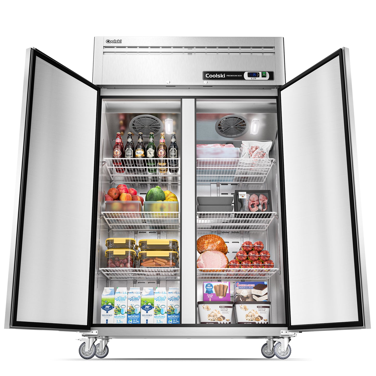 Coolski 48in. 36 cu. ft. Auto / Cycle Defrost 2-Door Commercial Reach in Upright Freezer in Stainless Steel, ETL DOE Approved