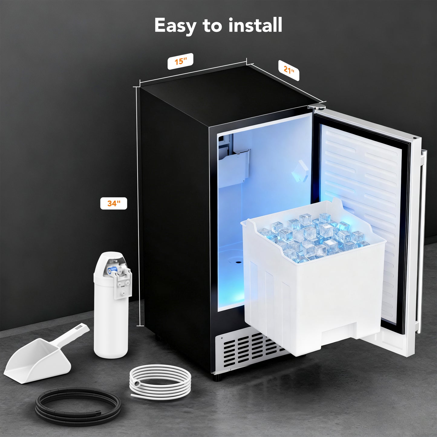 Coolski 15’’W Under Counter Ice Maker, Commercial Ice Machine 80 LBS/Day with 25 LBS Storage