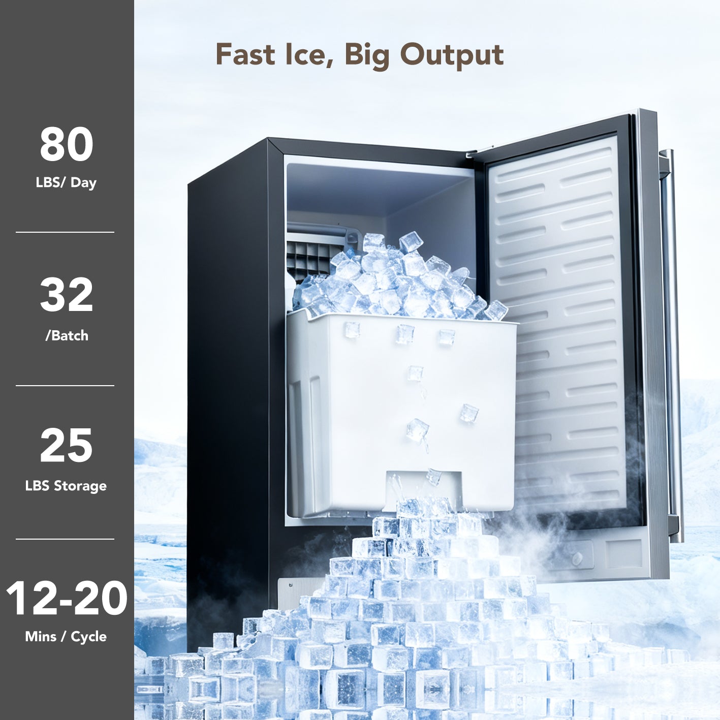 Coolski 15’’W Under Counter Ice Maker, Commercial Ice Machine 80 LBS/Day with 25 LBS Storage