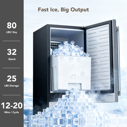 Coolski 15’’W Under Counter Ice Maker, Commercial Ice Machine 80 LBS/Day with 25 LBS Storage