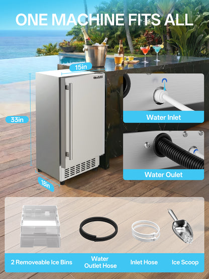 Coolski 15 in. 100lbs/24H Commercial Nugget Ice Maker in Silver, Bulit-in/Freestanding, Auto-Cleaning