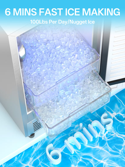 Coolski 15 in. 100lbs/24H Commercial Nugget Ice Maker in Silver, Bulit-in/Freestanding, Auto-Cleaning