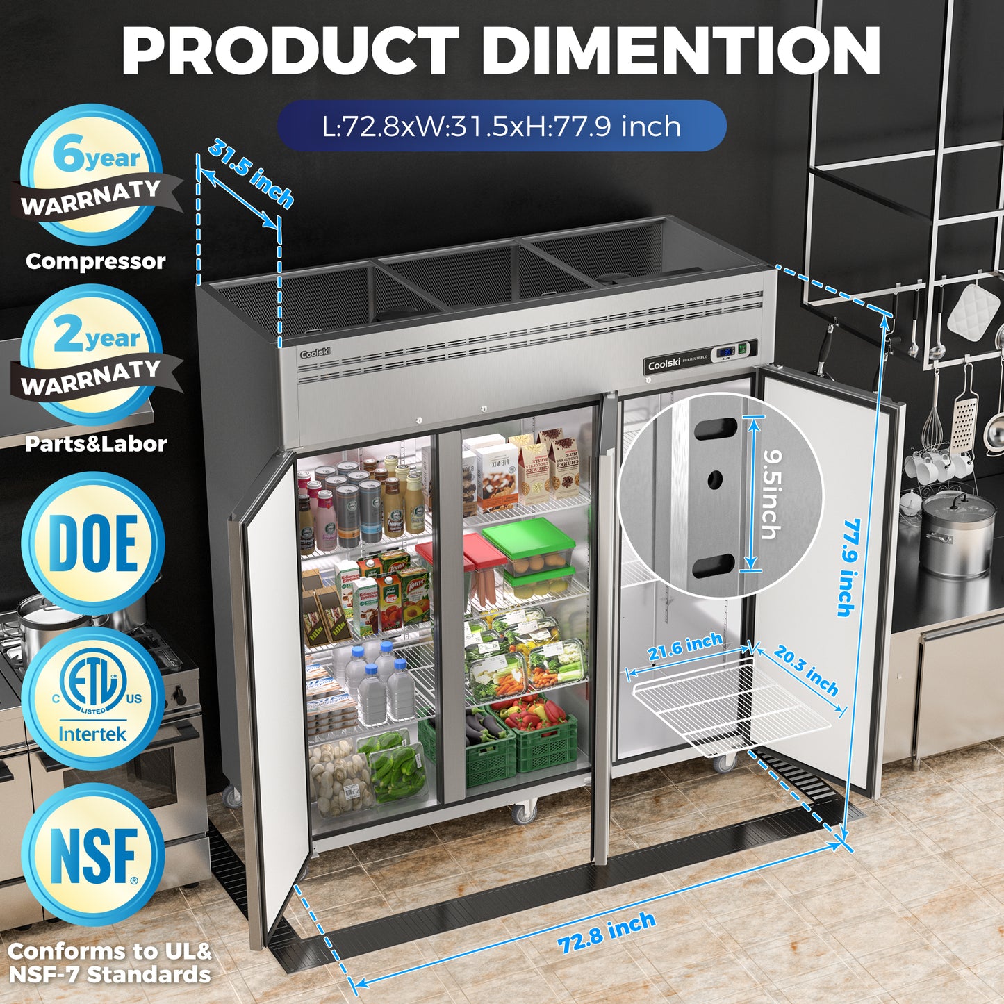 Coolski 72.8 in. 54 cu. ft. Auto / Cycle Defrost Commercial Freezer Reach in 3 Door Upright Freezer in Stainless Steel