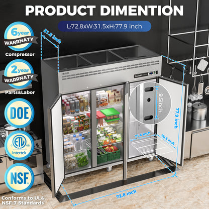 Coolski 72.8 in. 54 cu. ft. Auto / Cycle Defrost Commercial Freezer Reach in 3 Door Upright Freezer in Stainless Steel