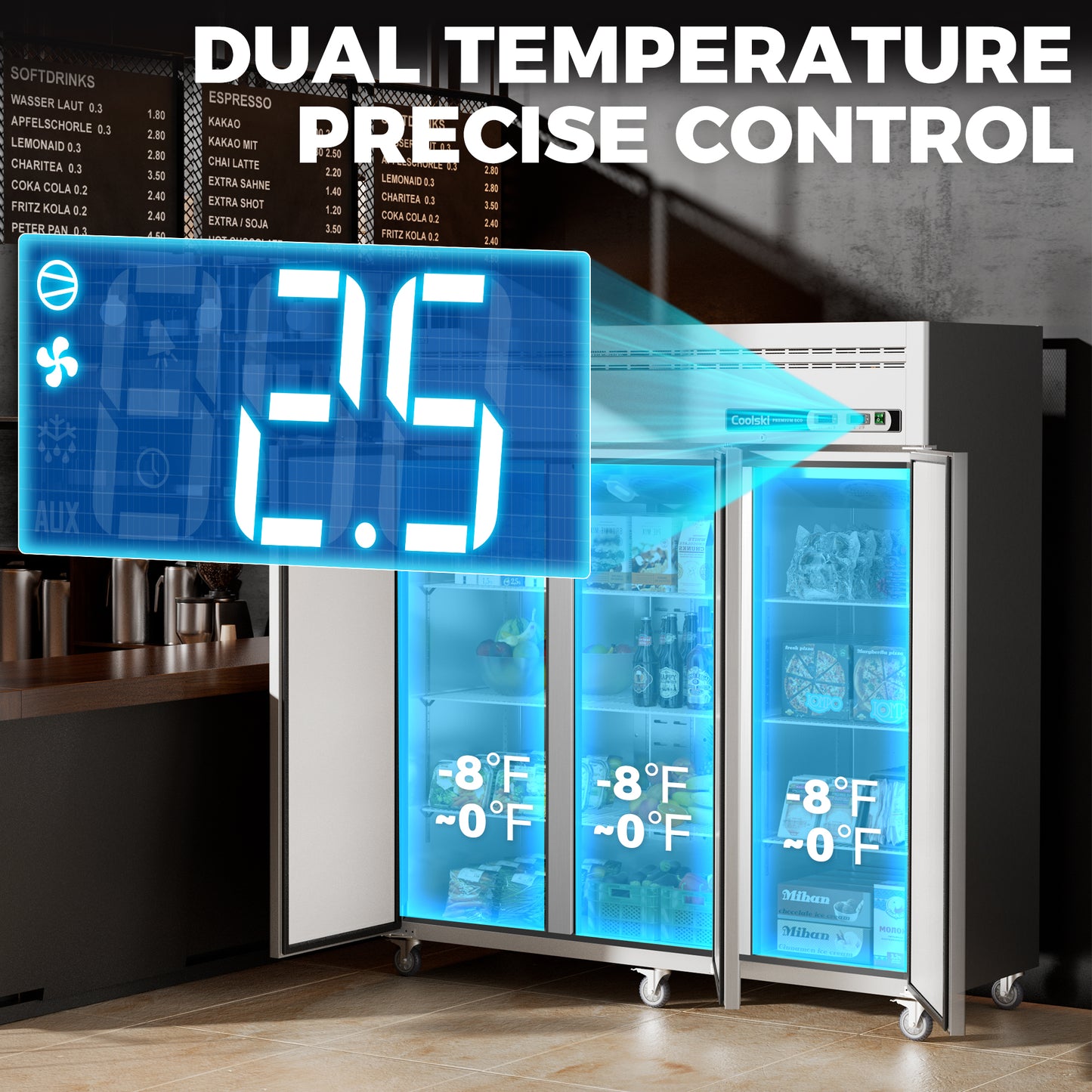 Coolski 72.8 in. 54 cu. ft. Auto / Cycle Defrost Commercial Freezer Reach in 3 Door Upright Freezer in Stainless Steel