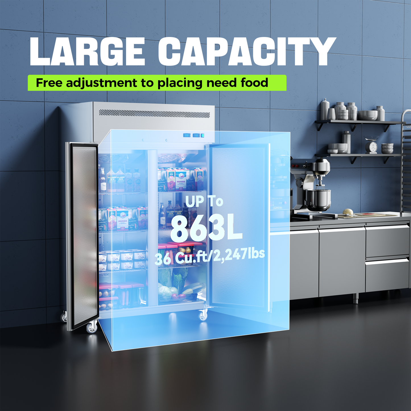 Coolake 48" W 36 Cu.ft 2 Door Commercial Refrigerator and Freezer Combo, Dual Temperature Zones