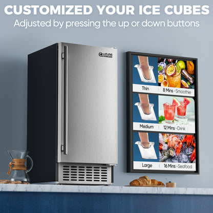 Coolski Commercial Under Counter Ice Maker Machine, Stainless Steel Built-in Freestanding Ice Maker, 80 LBS/Day