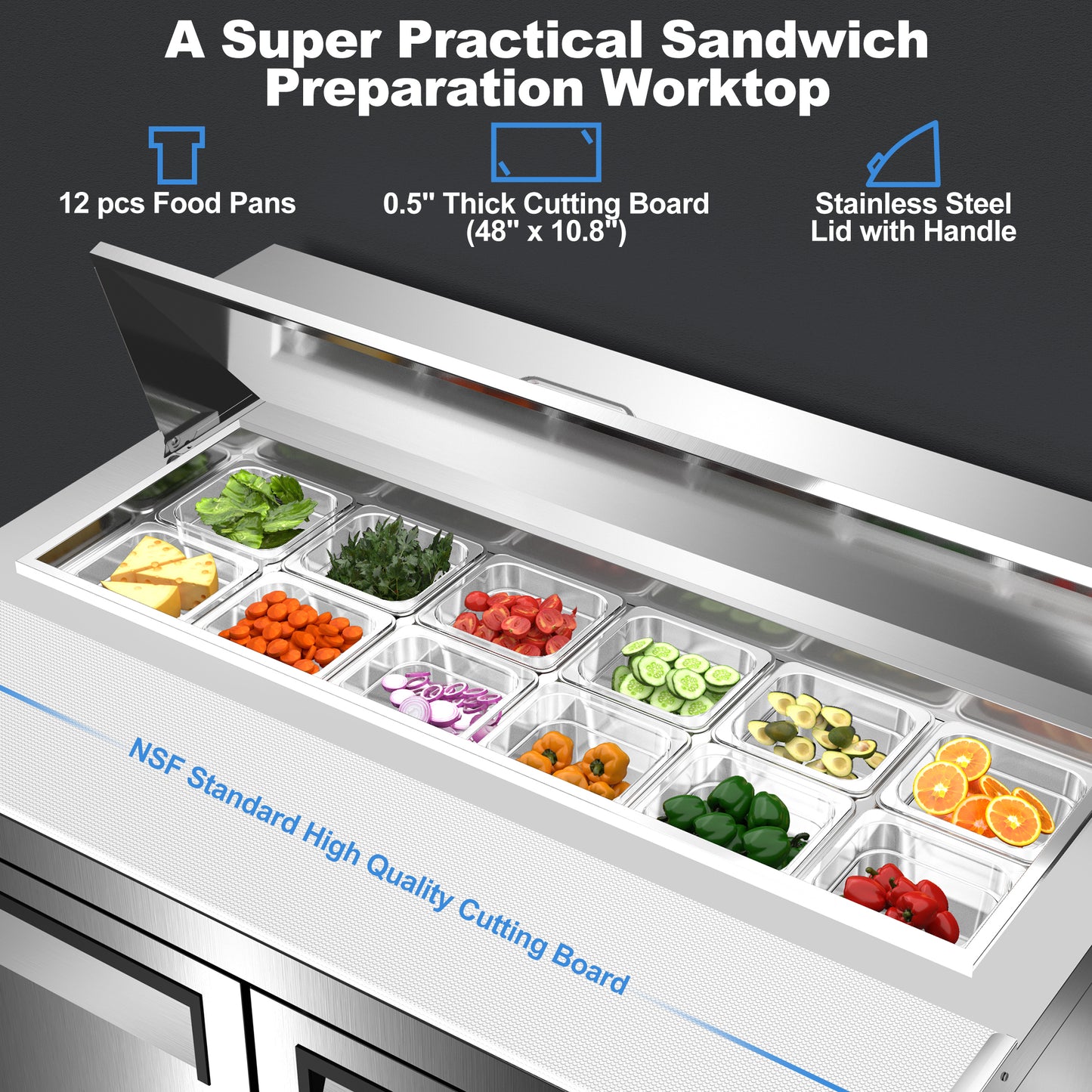 Coolski 48’’ W Commercial Refrigerator, Refrigerated Sandwich Salad Prep Table with 12 Pans Cutting Board, Mega Top/Stainless Steel/13 Cu.FT. Capacity/ETL NSF Approved