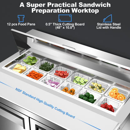 Coolski 48’’ W Commercial Refrigerator, Refrigerated Sandwich Salad Prep Table with 12 Pans Cutting Board, Mega Top/Stainless Steel/13 Cu.FT. Capacity/ETL NSF Approved