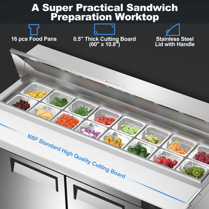 Coolski 60’’ W Commercial Refrigerator, Refrigerated Sandwich Salad Prep Table with 16 Pans/Mega Top/Cutting Board, 18 Cu.Ft. Large Capacity Stainless Steel ETL NSF Approved