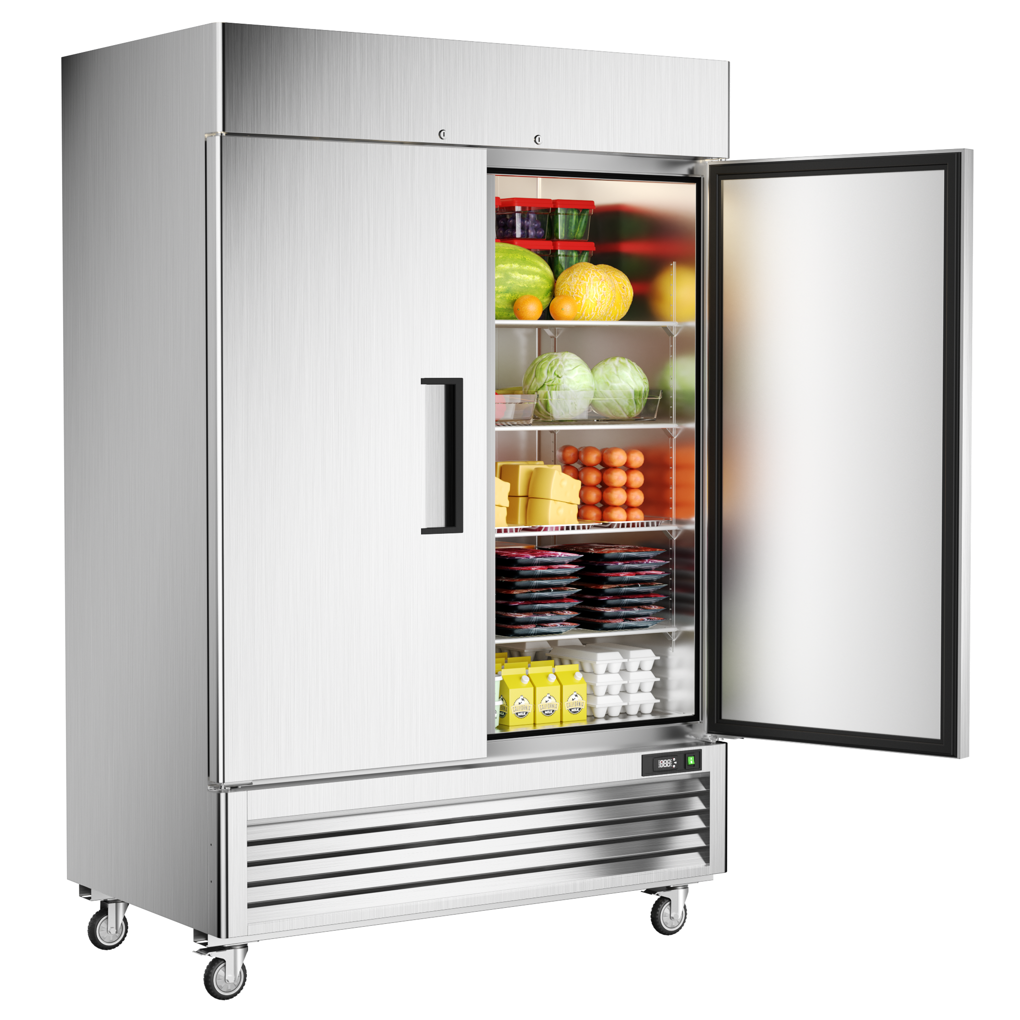 Coolski 54" W Commercial Refrigerator 2 Door, 49 Cu.Ft Fan Cooling Reach-In Cooler Stainless Steel Upright Refrigerator, 33 to 41℉, Auto Defrosting, LED Light 8 Shelves, 4 Wheels