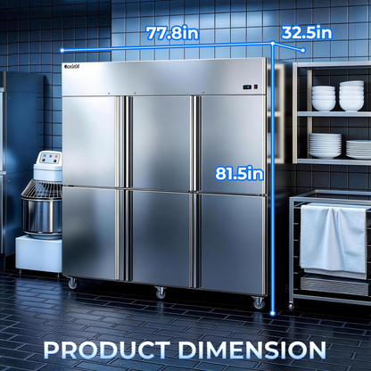 Coolski Commercial 6 Half Door Reach-In Freezer, 54 Cu.ft Solid Door Upright Freezer, 72" W Stainless Steel Industrial Freezer with 9 Adjustable Shelves, Auto-Defrost, Fan Cooling -8-0℉
